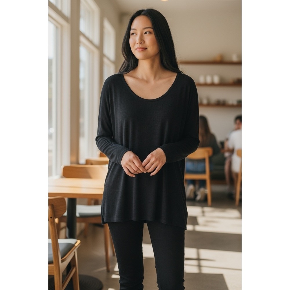 Premise Black V Neck Long Sleeve Relaxed Fit Tunic Top‎ Womens XS NWT